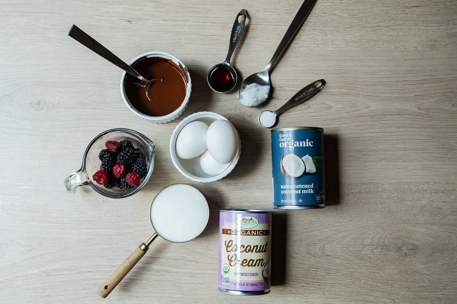 Ingredients for Dairy-Free, Blackberry-Raspberry Chocolate Chunk Ice Cream