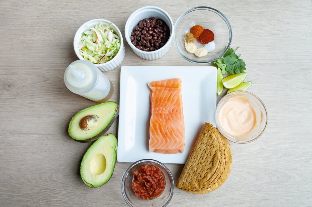 Ingredients for Air Fryer Salmon Tacos with Sriracha Aioli 