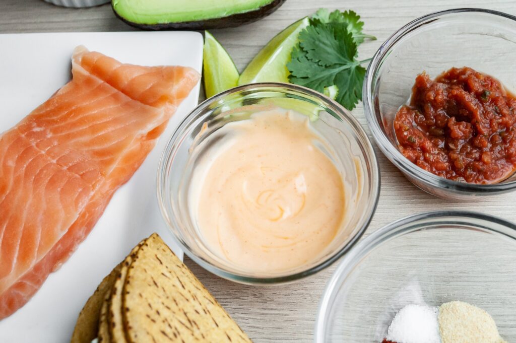 Ingredients for Air Fryer Salmon Tacos with Sriracha Aioli 