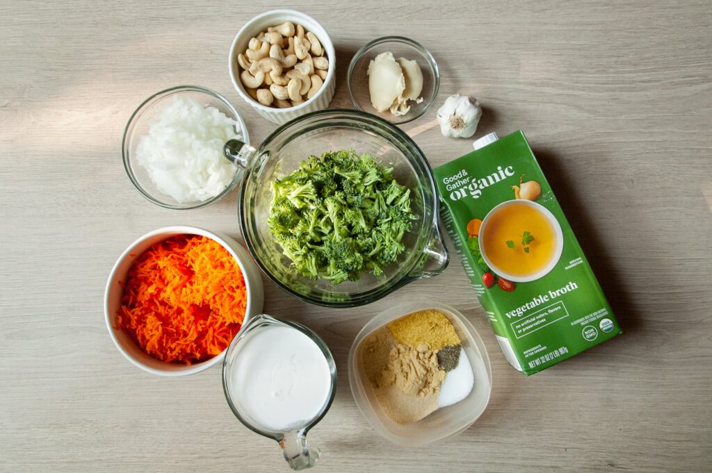 Ingredients for Dairy-Free Broccoli Cheddar Soup